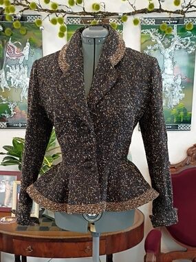 Lilli Ann 1950s Wool Tweed Peplum Suit Jacket Black Red And White Size Extra Sma